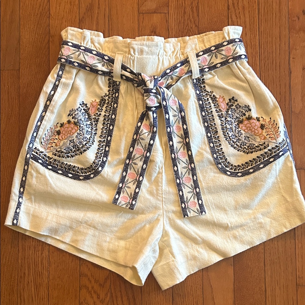 Anthropologie Annaleigh High-Waist Embroidered Shorts - Cream and Blue Sz XS